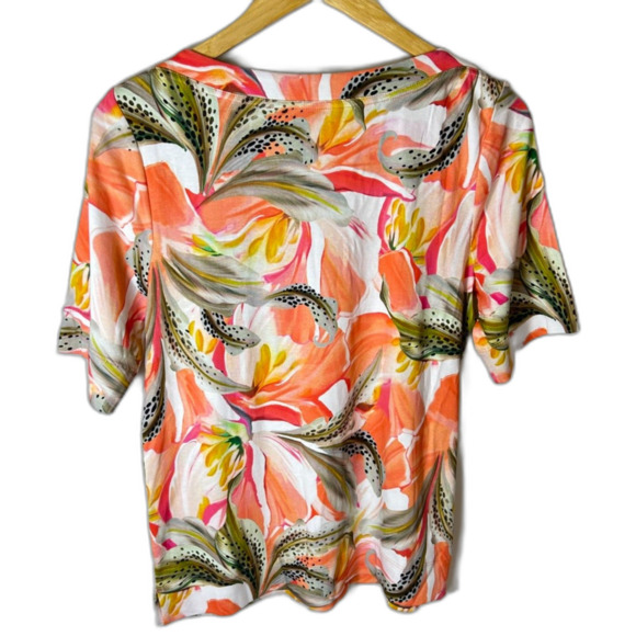 Chico's NWOT Orange White Green Tiger Lily Print Pima Cotton SS Tee Sz 1/US M - Picture 5 of 10